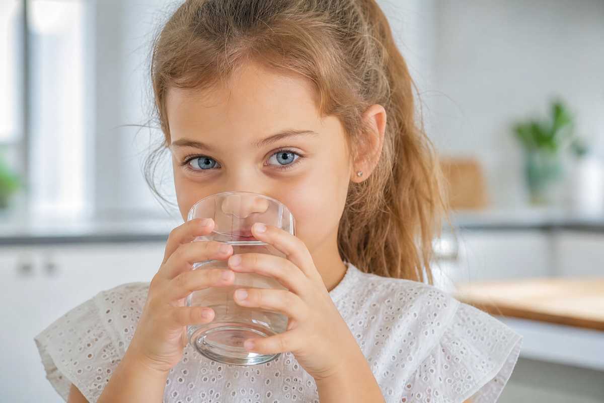 Enfant tenant un verre d'eau et buvant, arrière-plan de cuisine lumineuse.