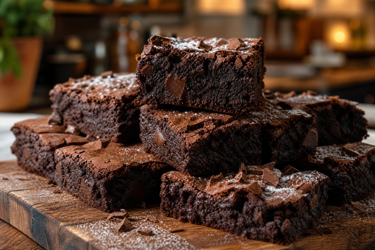 Brownies au chocolat fondant avec des pépites de chocolat sur une planche en bois.
