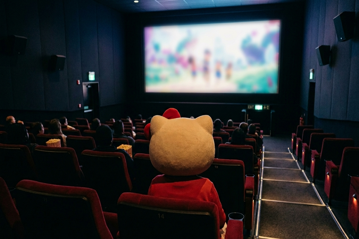 Vue de dos du personnage Hello Kitty assise dans une salle de cinéma sombre face