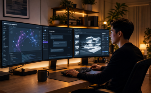 Un homme travaillant sur un ordinateur à trois écrans affichant des interfaces d’IA et du design génératif dans un bureau moderne.