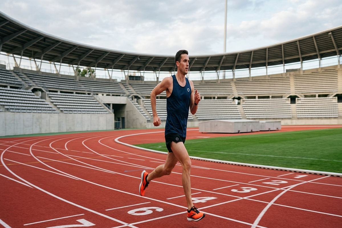 Un athlète masculin en débardeur bleu marine court sur une piste d'athlétisme rouge dans un grand stade vide.