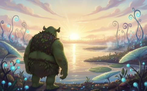 Créature ogresque observant un marais rappelant Shrek 5