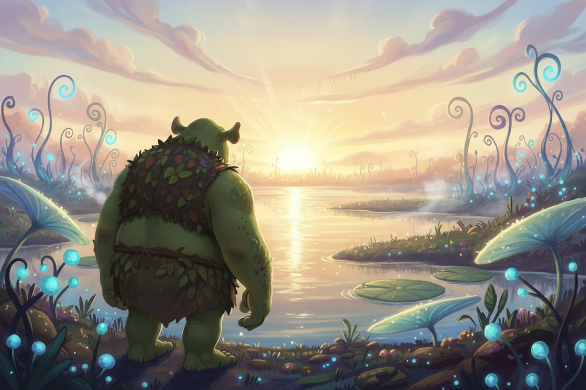 Créature ogresque observant un marais rappelant Shrek 5