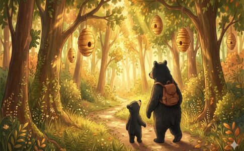 Un papa et un bébé ours dans une forêt
