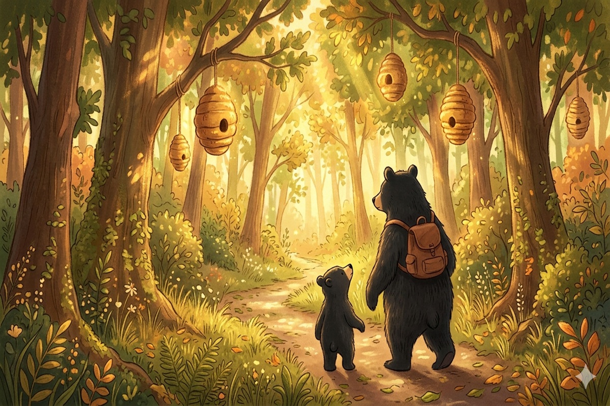 Randonnée de papa et bébé ours dans une forêt pour La fête des pères 
