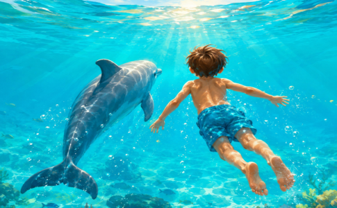 Un enfant nageant avec un dauphin