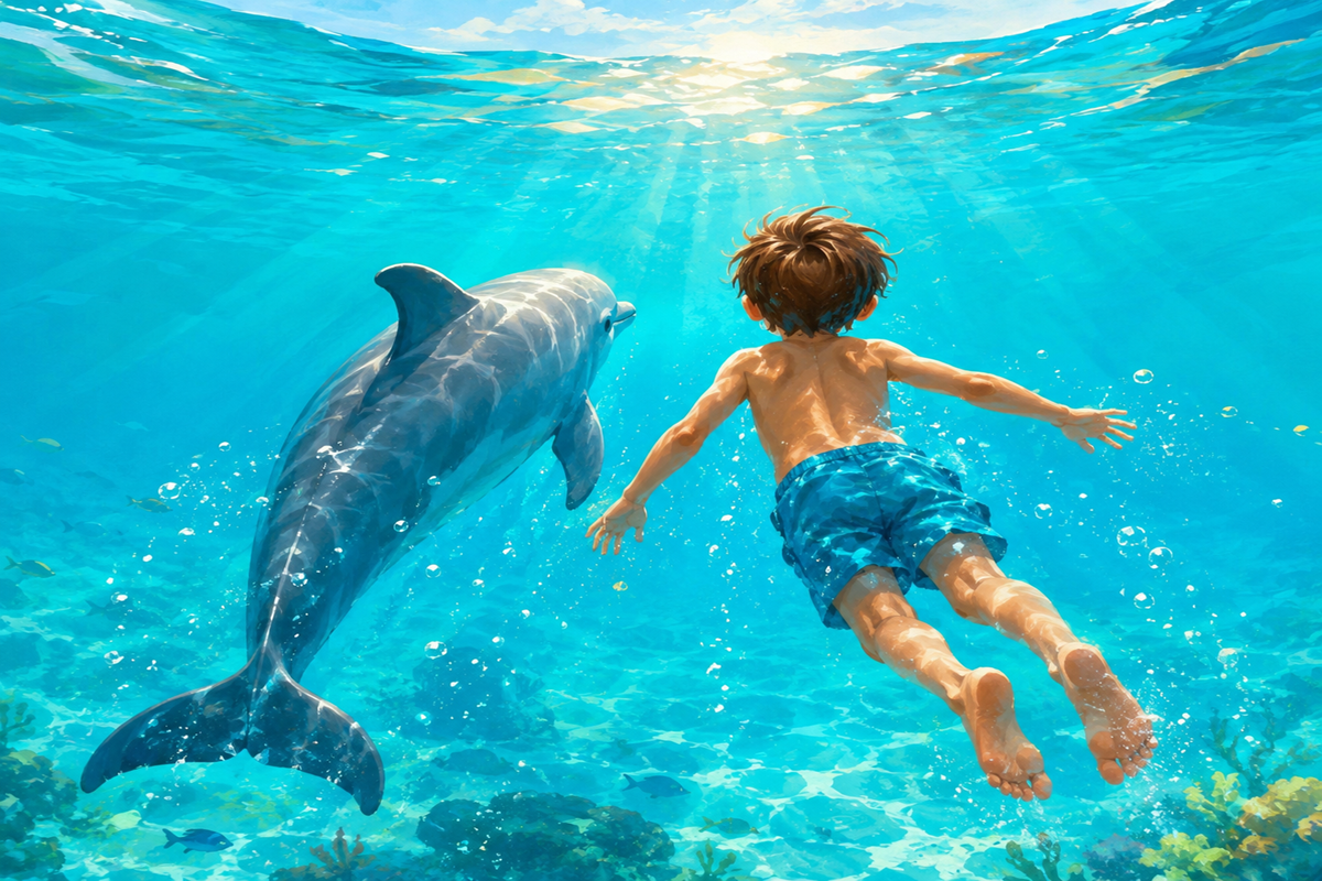 Un enfant nageant avec un dauphin 