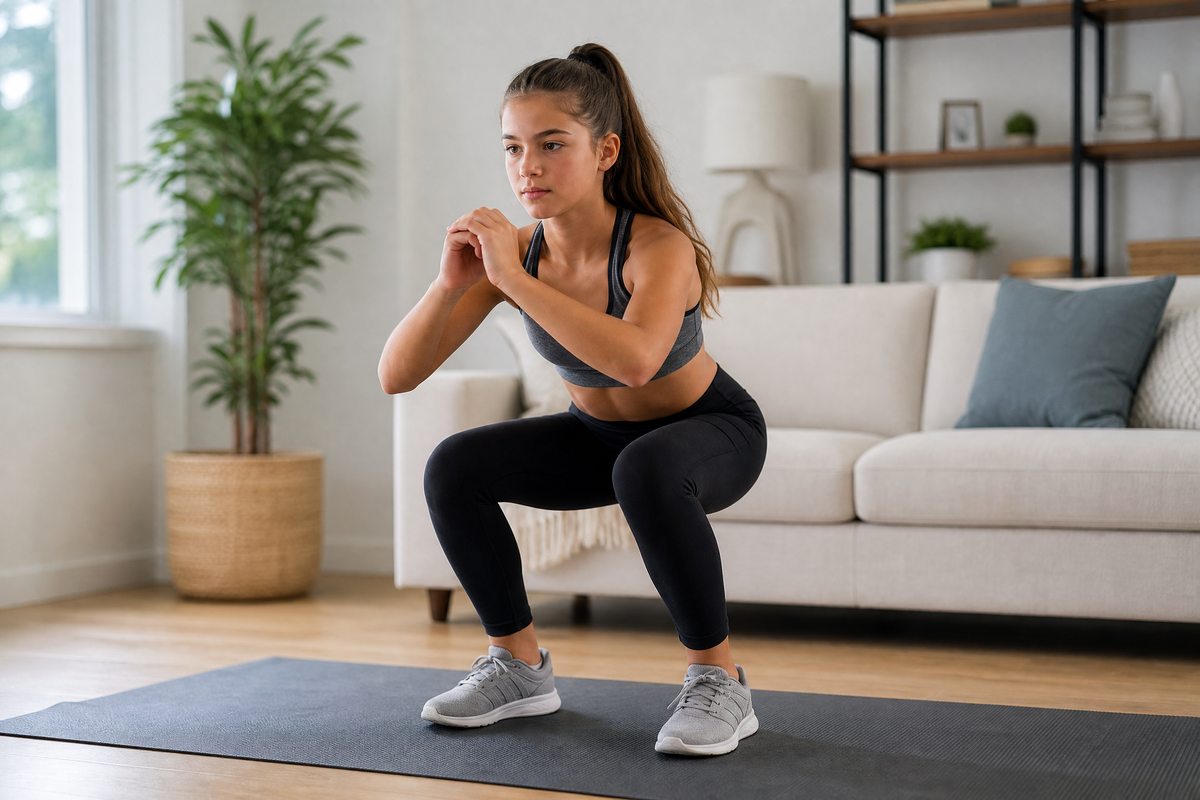 Jeune fille effectuant un squat excentrique sur un tapis de yoga dans un salon.