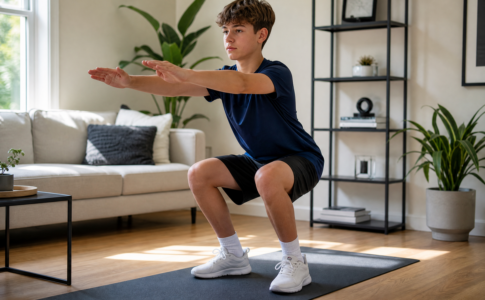 Jeune homme en pleine phase de descente d'un squat excentrique sur un tapis de yoga dans un salon lumineux.