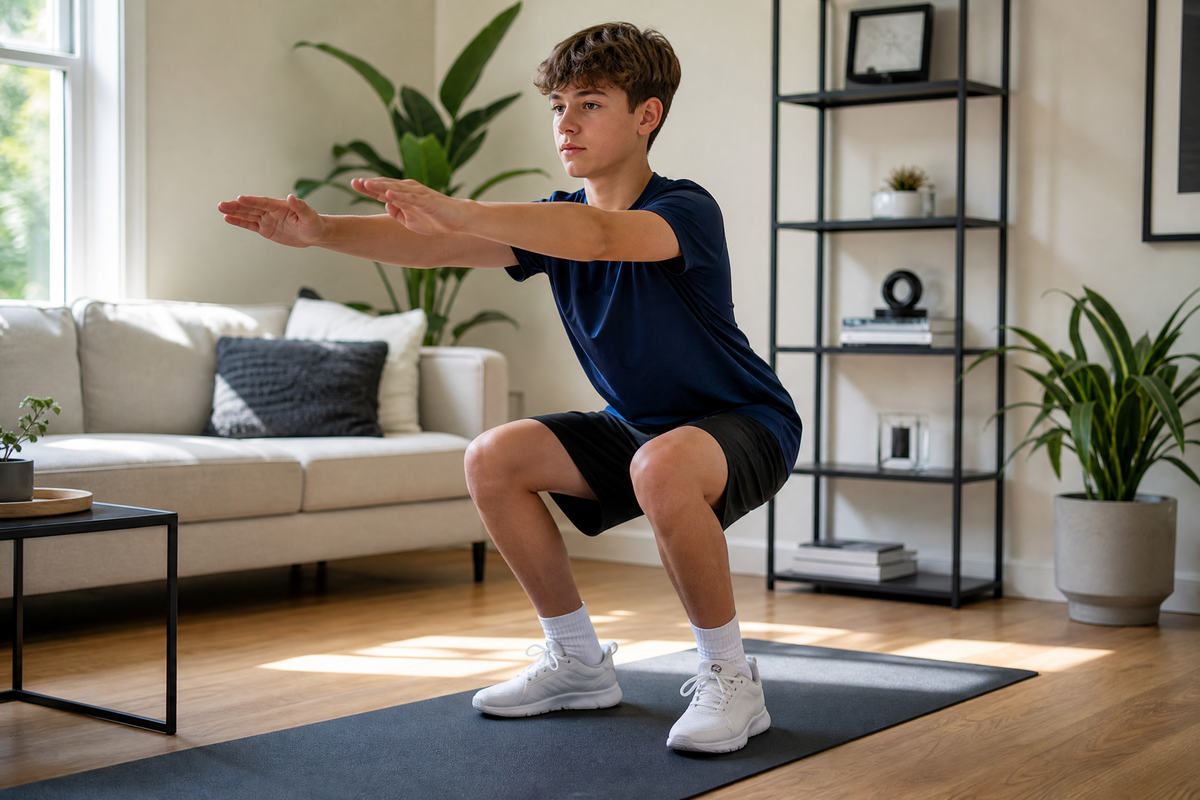 Jeune homme en pleine phase de descente d'un squat excentrique sur un tapis de yoga dans un salon lumineux.