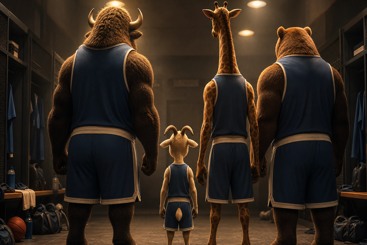 Équipe d’animaux athlétiques dans les vestiaires rappelant le film GOAT