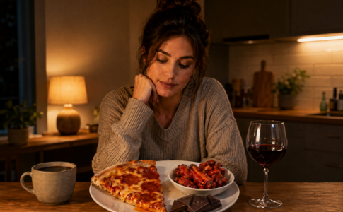 Femme à table avec pizza, ailes de poulet épicées, chocolat noir, café et vin rouge en soirée.