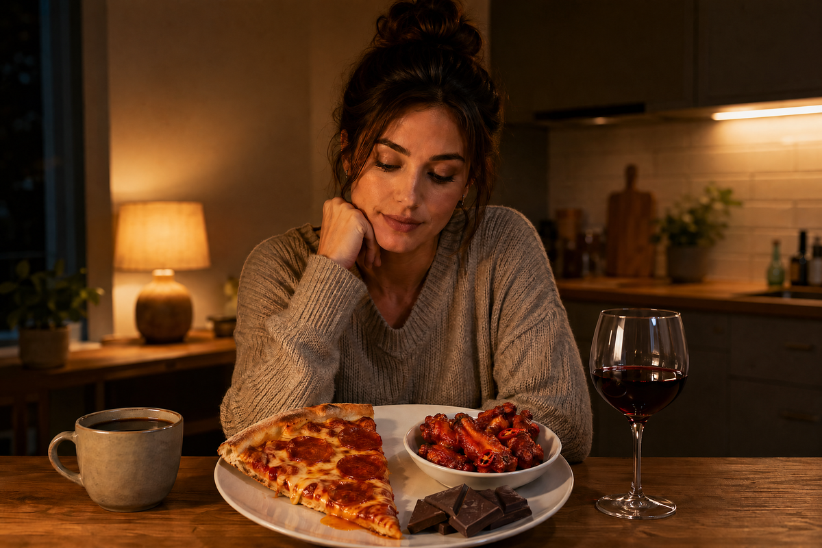 Femme à table avec pizza, ailes de poulet épicées, chocolat noir, café et vin rouge en soirée.