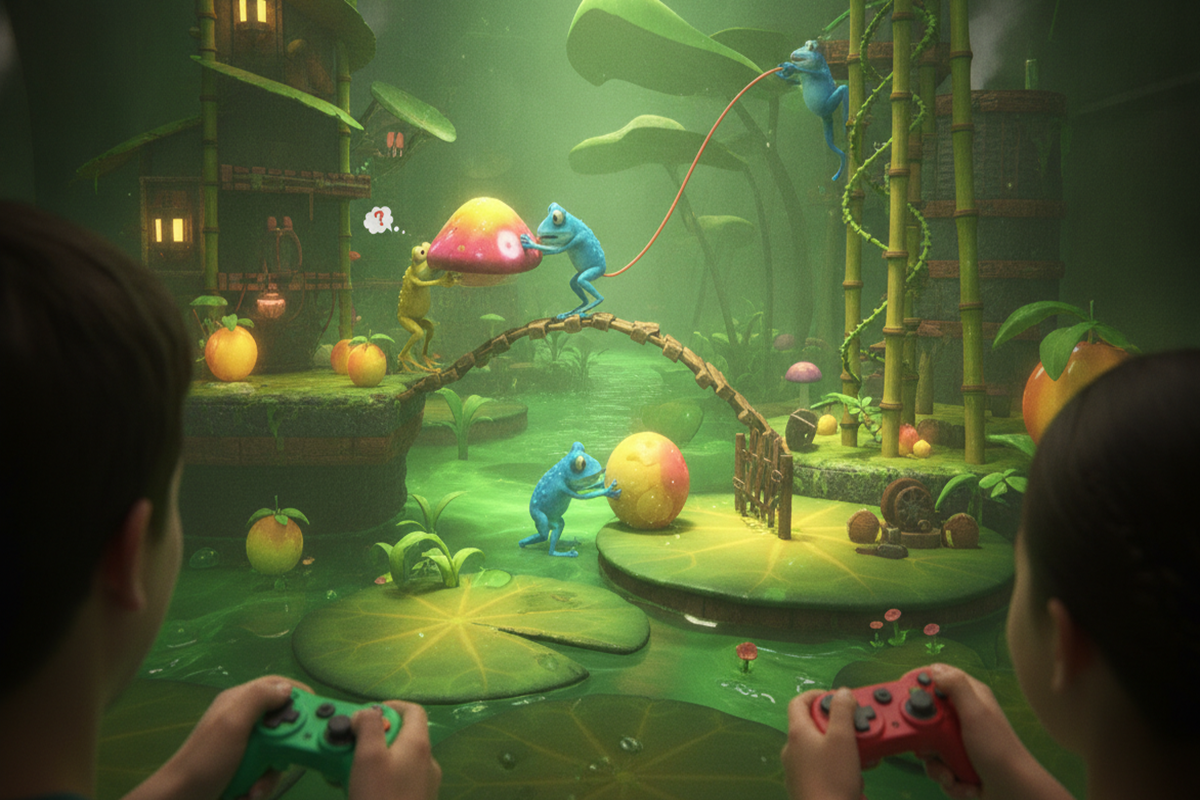 Deux enfants qui jouent à un jeu similaire à Frog Sqwad