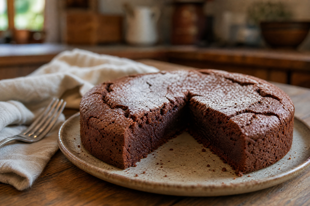 Gâteau au chocolat fondant sur une assiette en céramique dans une cuisine chaleureuse.
