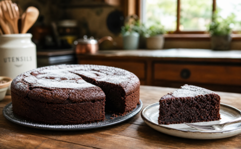 Un gâteau au chocolat moelleux sur une table en bois rustique avec une part découpée sur une assiette.