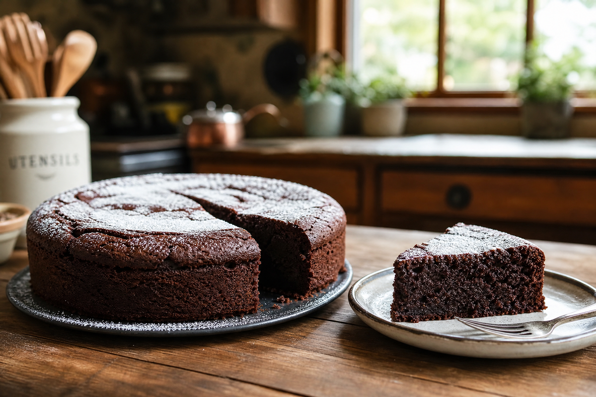 Un gâteau au chocolat moelleux sur une table en bois rustique avec une part découpée sur une assiette.