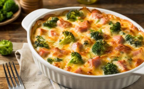 Gratin de brocoli, jambon et fromage doré au four dans un plat blanc.