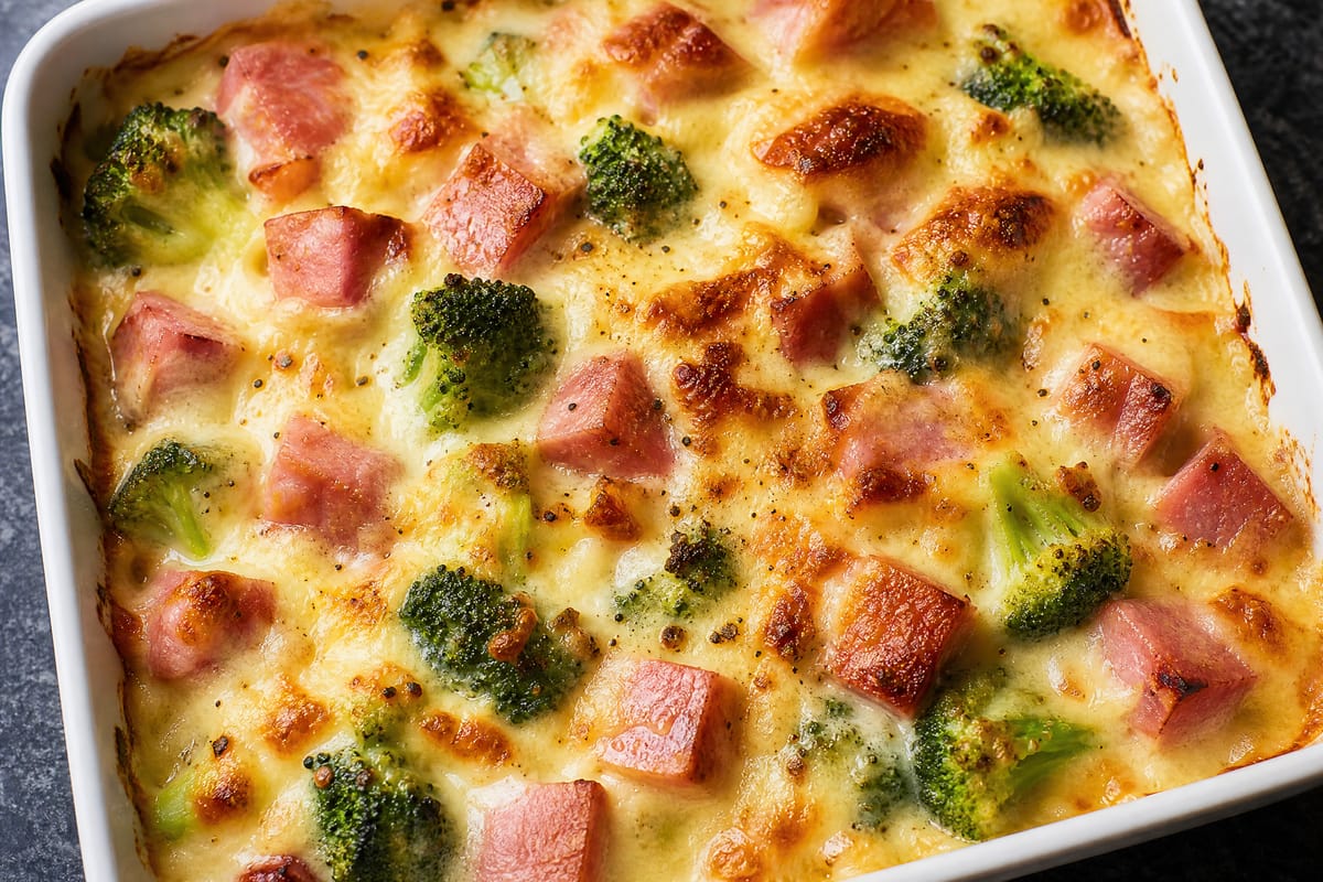 Gratin de brocoli avec jambon et fromage fondu dans un plat blanc.