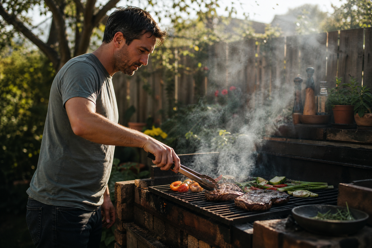 Une personne utilisant des pinces pour retourner de la viande sur un barbecue extérieur avec des légumes.