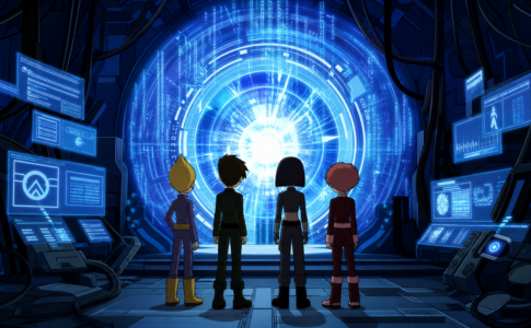 Groupe de jeunes face à un portail virtuel rappelant Code Lyoko