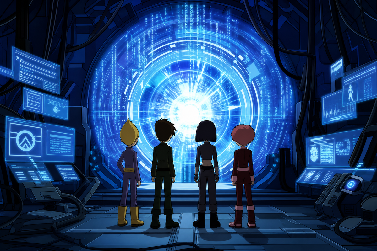 Groupe de jeunes face à un portail virtuel rappelant Code Lyoko
