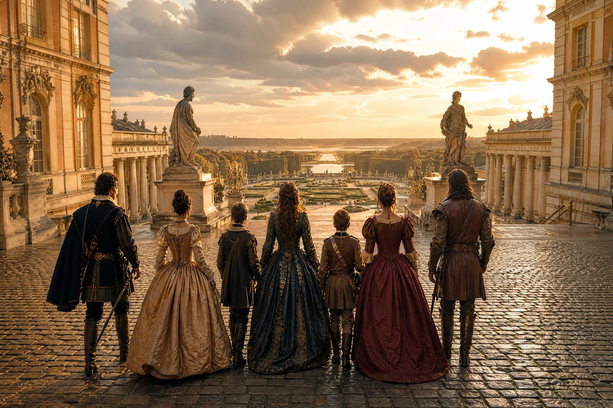 Groupe en costumes historiques comme dans Les Caprices de l’Enfant Roi
