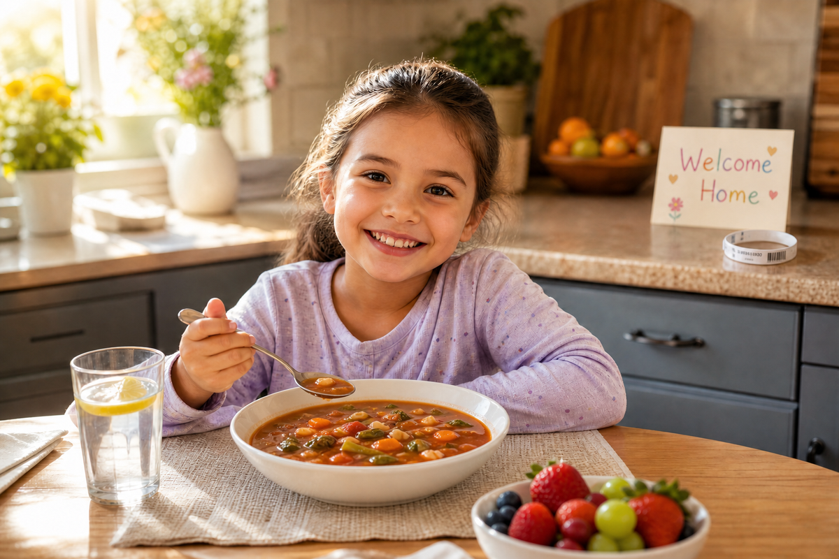 Enfant heureux mangeant de la soupe aux légumes dans une cuisine ensoleillée.