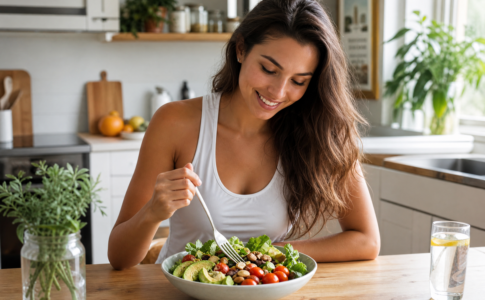 Une femme souriante mange une salade composée avec de l'avocat et des tomates cerises dans sa cuisine.