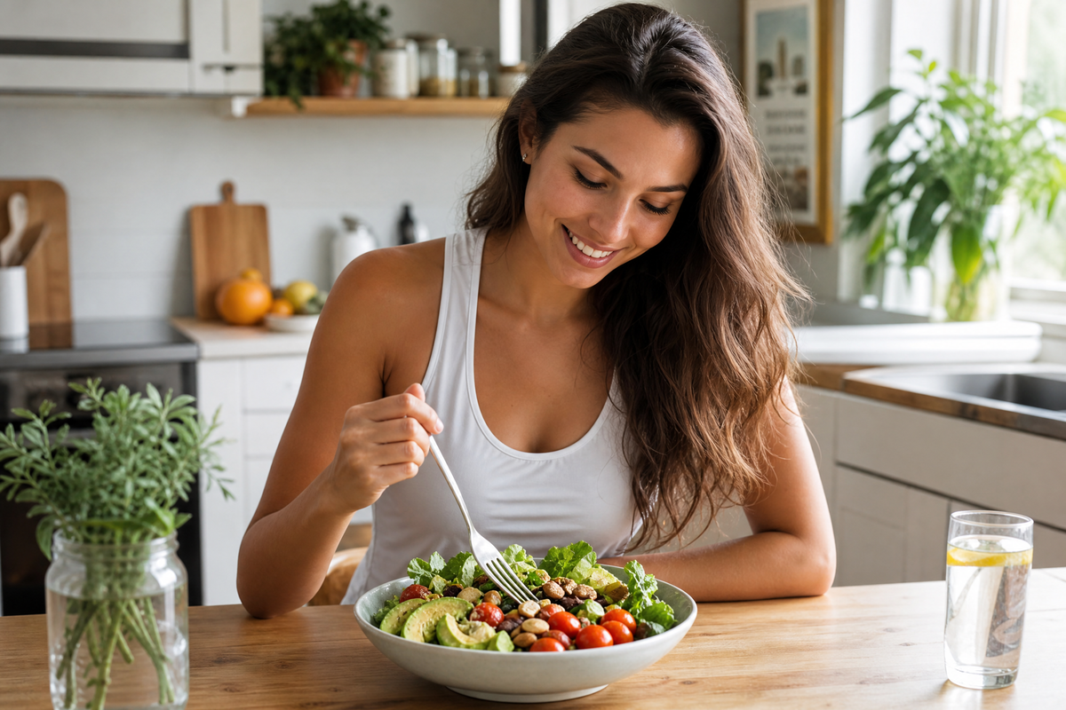 Une femme souriante mange une salade composée avec de l'avocat et des tomates cerises dans sa cuisine.