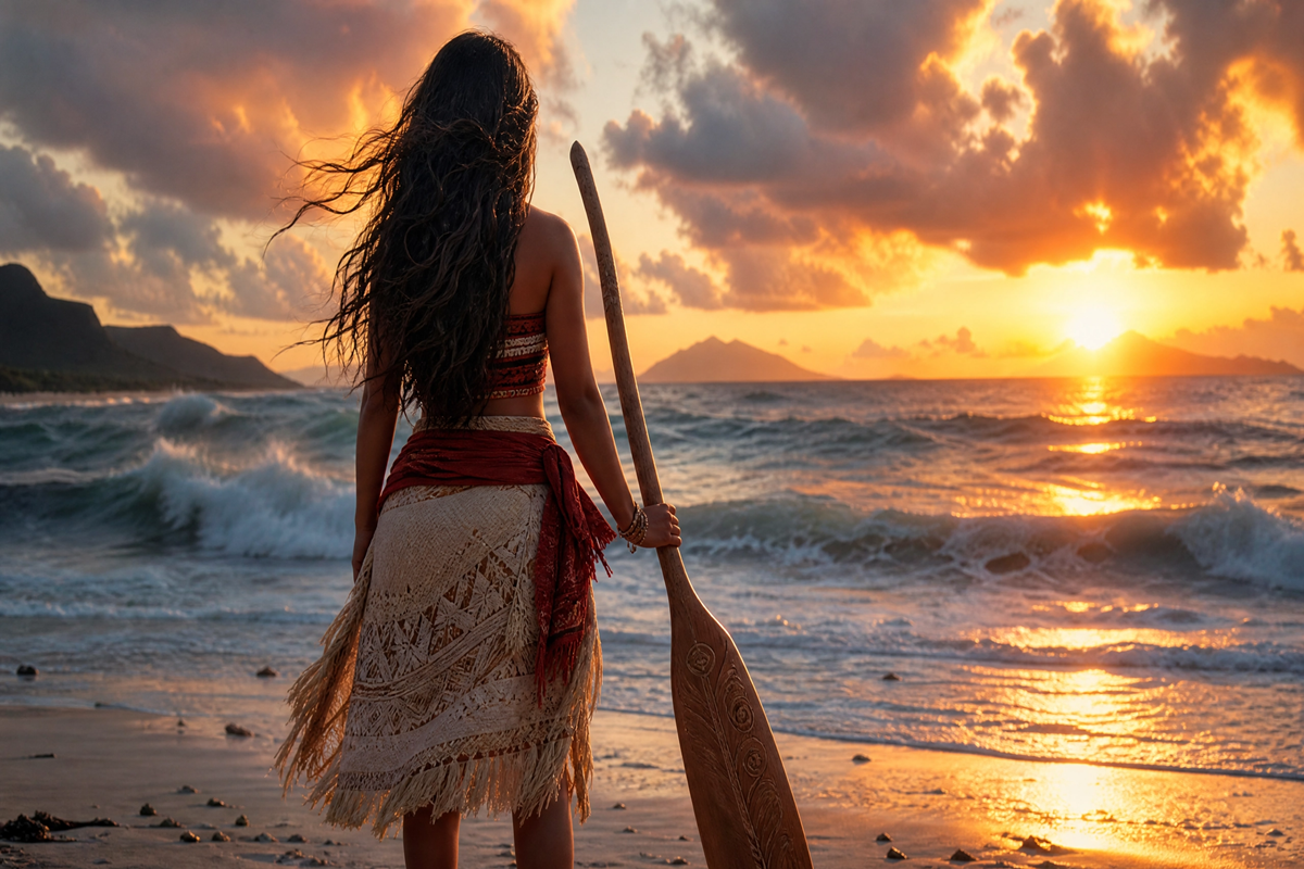 Héroïne devant l’océan rappelant Vaiana en live action