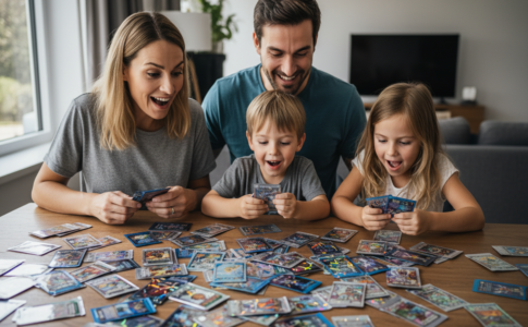 Une famille qui joue aux cartes Pokémon