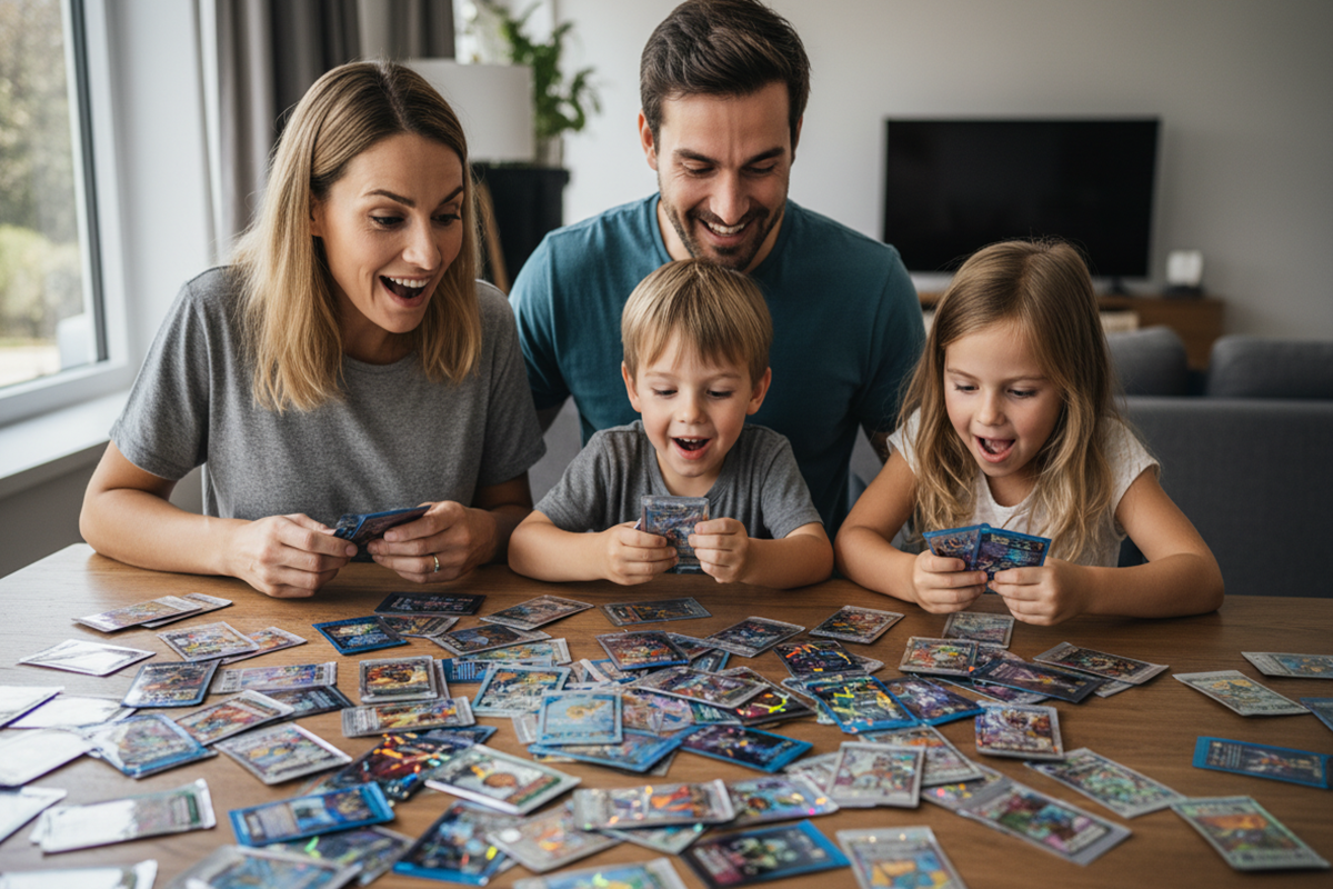 Une famille qui joue à un jeu comme JCC Pokémon