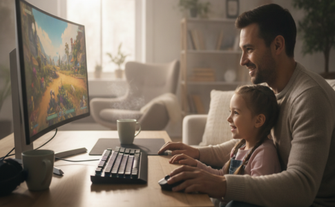 Un parent qui joue avec son enfant sur PC