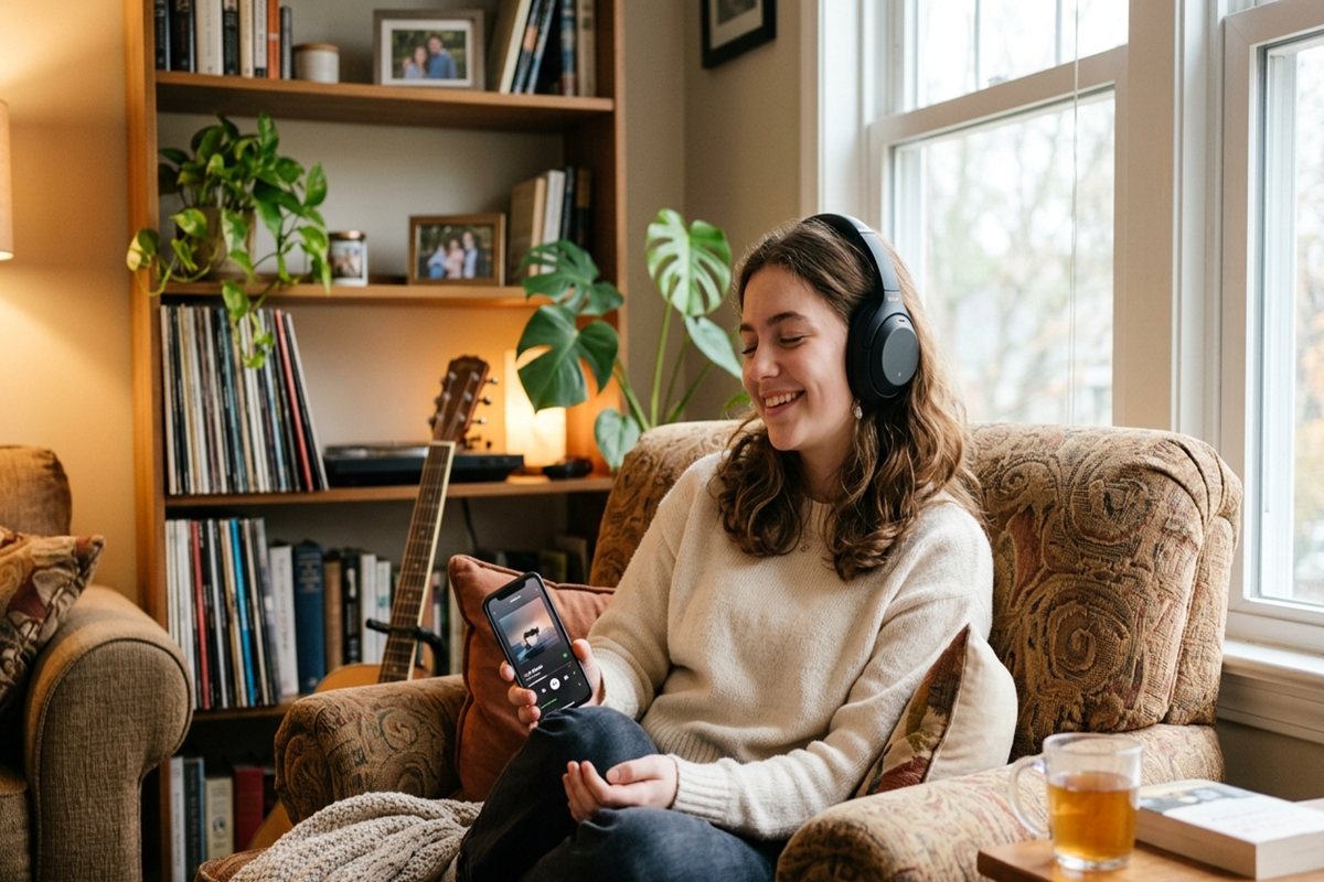 Jeune femme avec un casque audio souriant dans un fauteuil à la maison, tenant son smartphone avec une bibliothèque en arrière-plan.