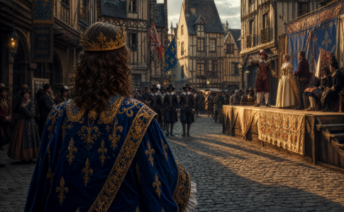 Jeune roi dans une rue ancienne rappelant Les Caprices de l’Enfant Roi