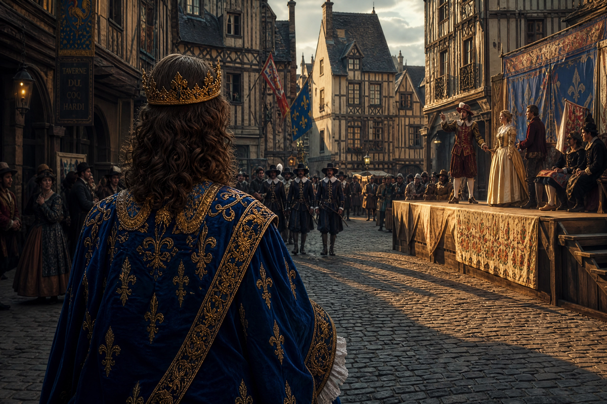 Jeune roi dans une rue ancienne rappelant Les Caprices de l’Enfant Roi