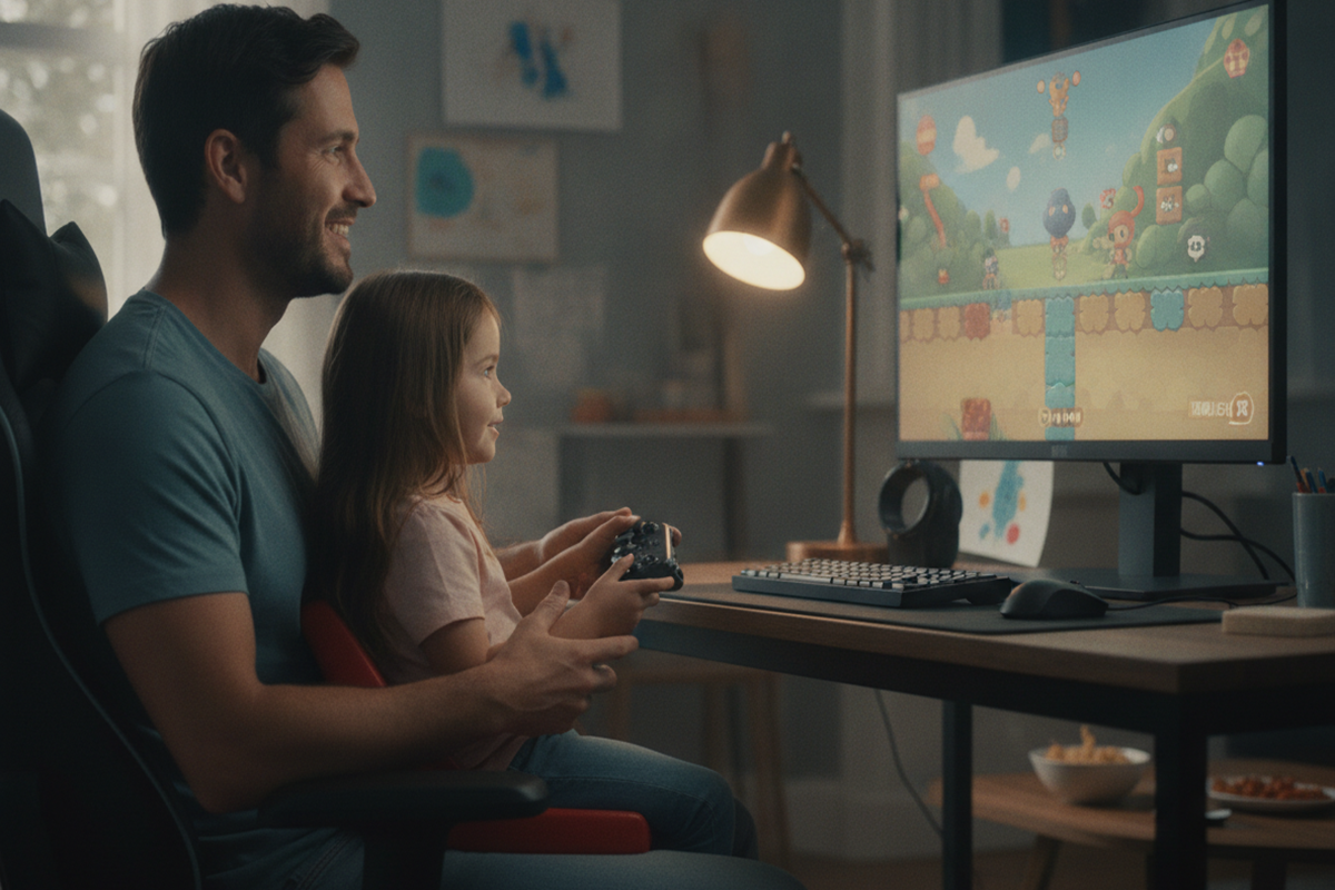 Un parent jouant avec un enfant sur ordinateur