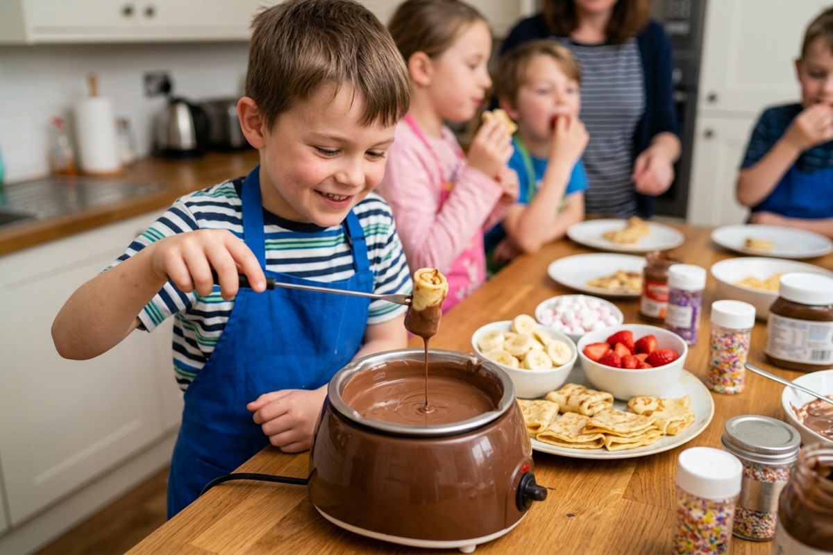 Petit garçon trempant une crêpe dans du chocolat fondu