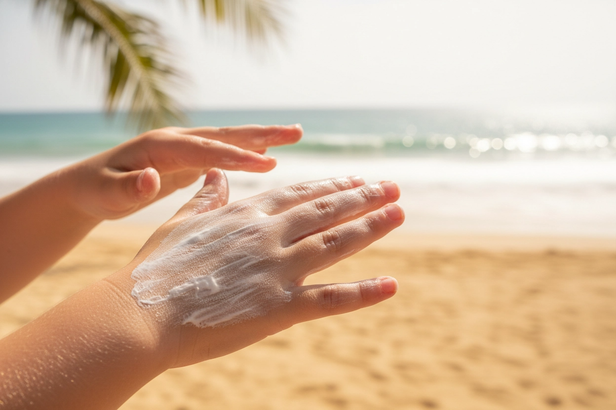 Enfant appliquant de la crème solaire sur ses mains à la plage.