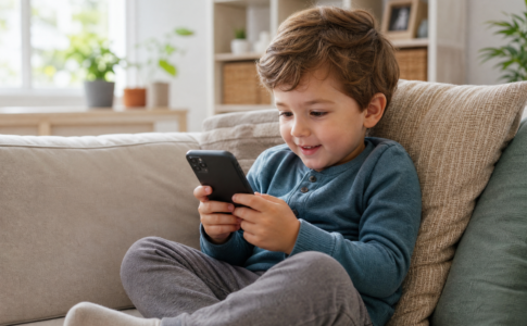 Un jeune garçon souriant assis sur un canapé et regardant un smartphone.