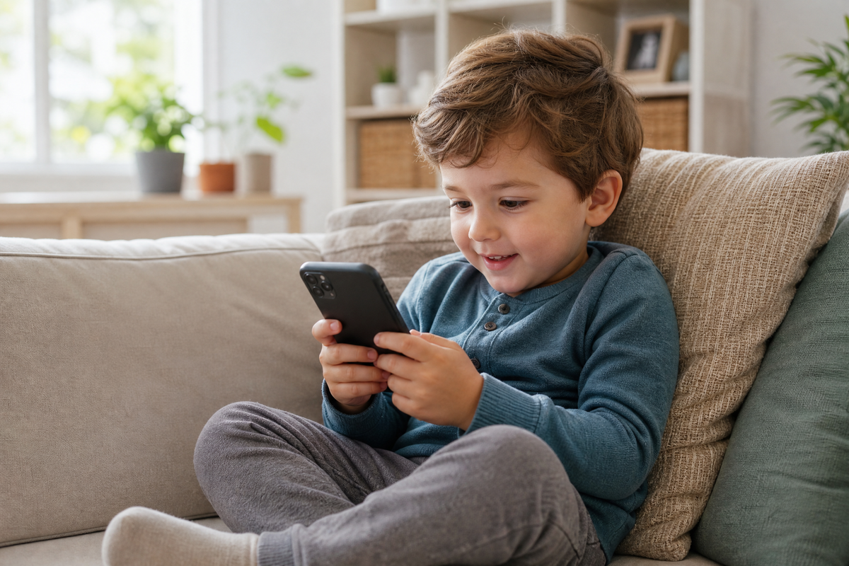 Un jeune garçon souriant assis sur un canapé et regardant un smartphone.