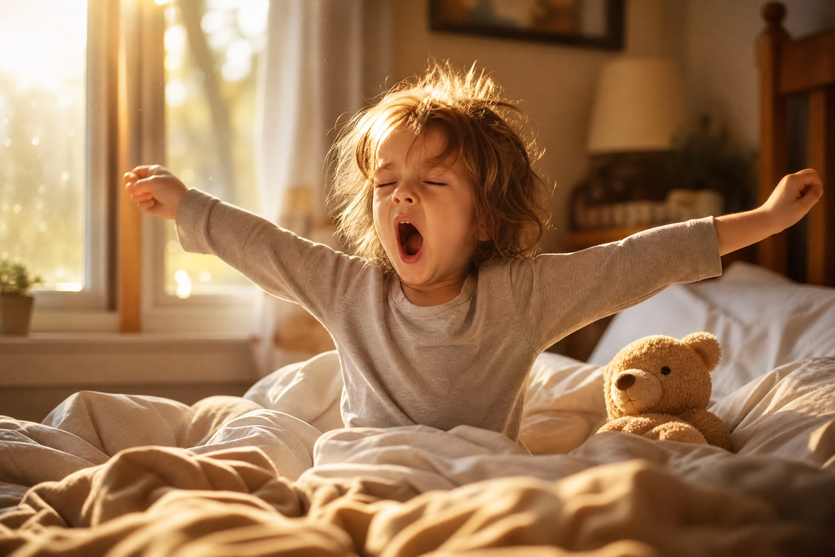 Un jeune enfant aux cheveux ébouriffés s'étire et bâille dans son lit, éclairé par le soleil matinal.