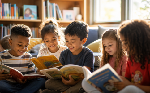 Des enfants assis ensemble lisent des livres dans une bibliothèque ensoleillée.