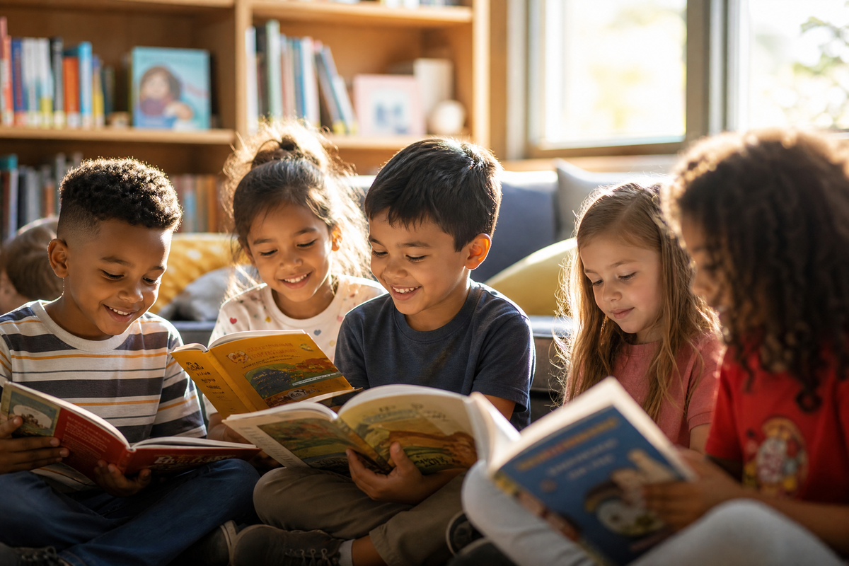 Des enfants assis ensemble lisent des livres dans une bibliothèque ensoleillée.