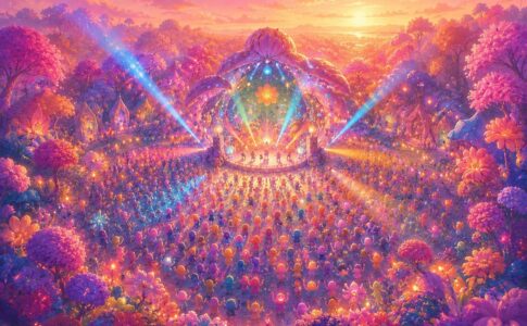 Concert féerique au coucher du soleil dans une forêt enchantée