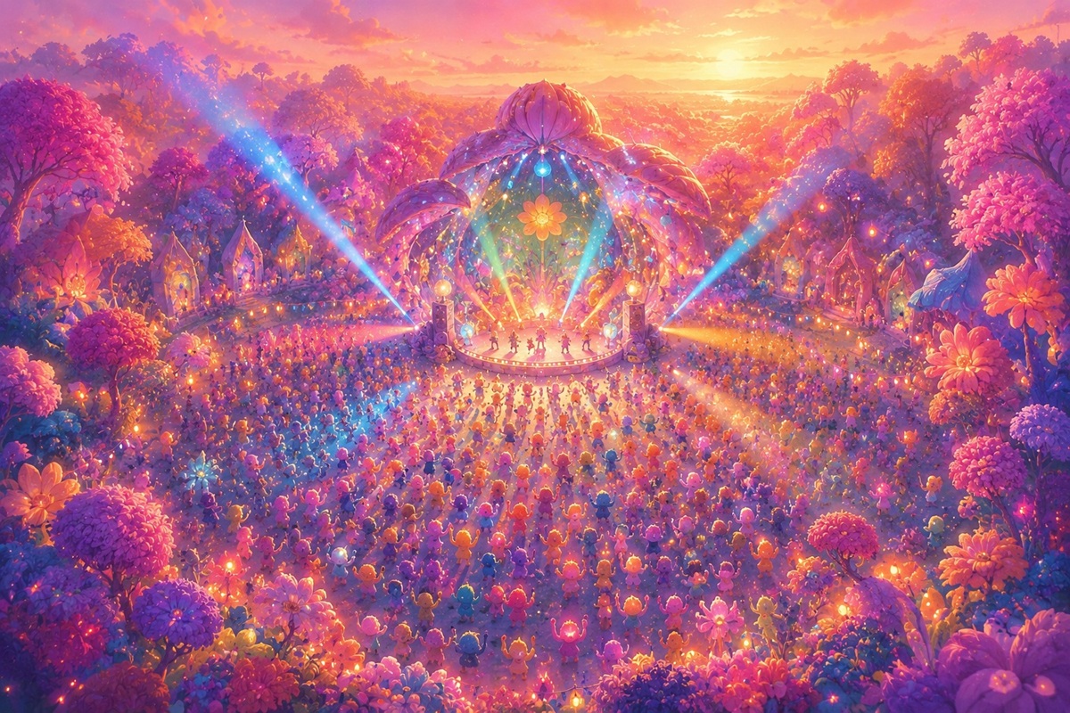 Concert féerique au coucher du soleil dans une forêt enchantée