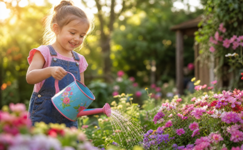 Petite fille souriante arrosant des fleurs roses et violettes avec un petit arrosoir bleu dans un jardin ensoleillé.
