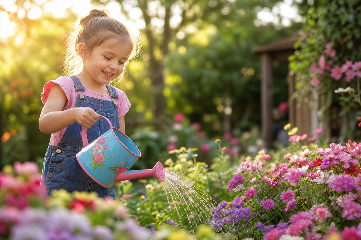 Petite fille souriante arrosant des fleurs roses et violettes avec un petit arrosoir bleu dans un jardin ensoleillé.