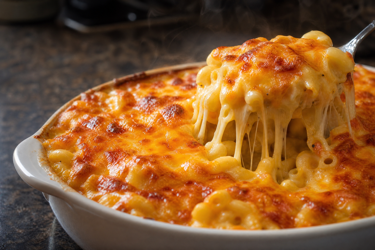 Plat de macaronis au fromage avec une croûte dorée et du fromage fondant étiré. 